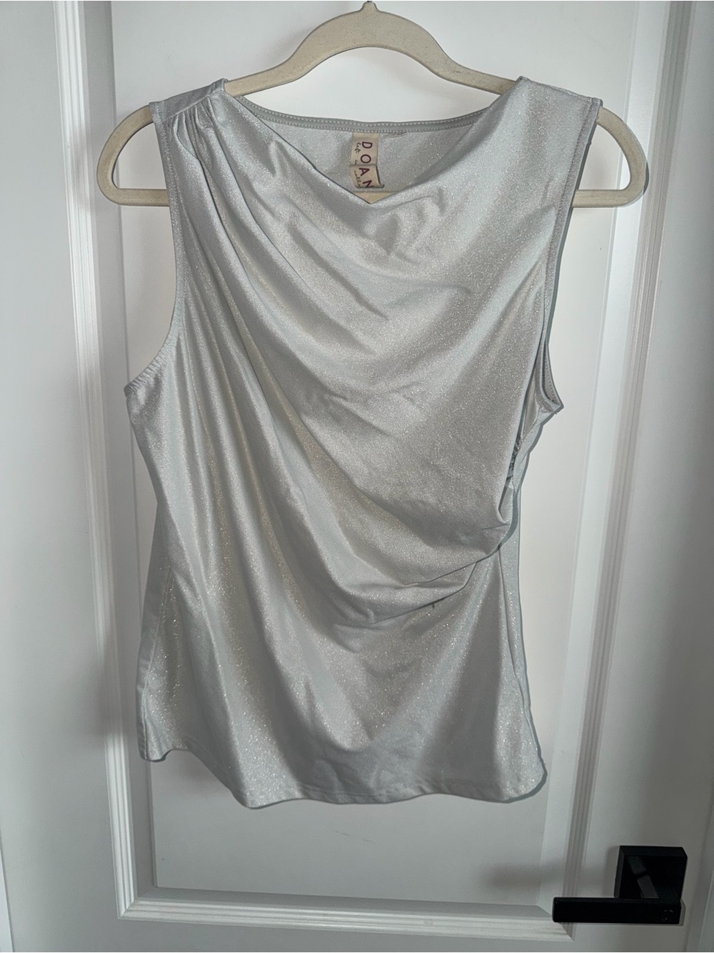 Dolan Left Coast Womens Silver Metallic Shimmer Draped Ruched Sleeveless Top M